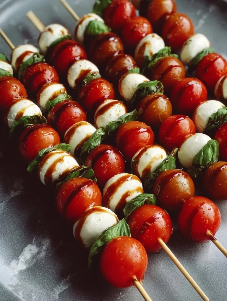 Leckere Caprese Spieße mit Mozzarella, Tomaten und frischem Basilikum.