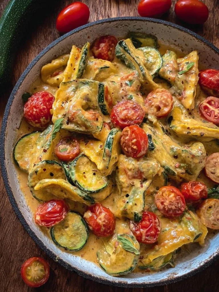 Cremige Maultaschenpfanne mit Zucchini und Tomaten auf dem Teller