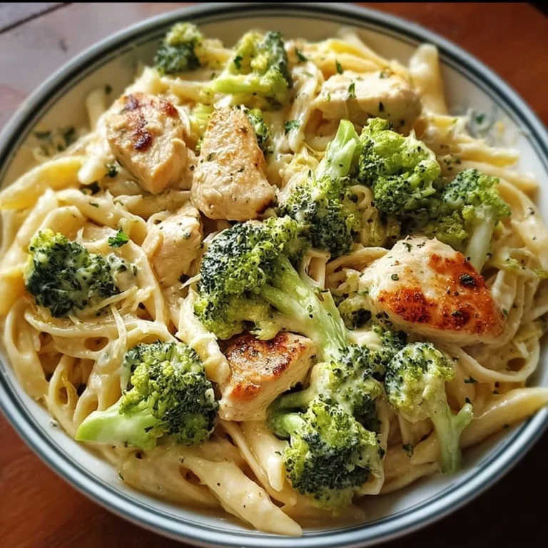 Cremige Pasta mit Hähnchen und Brokkoli auf einem Teller angerichtet.