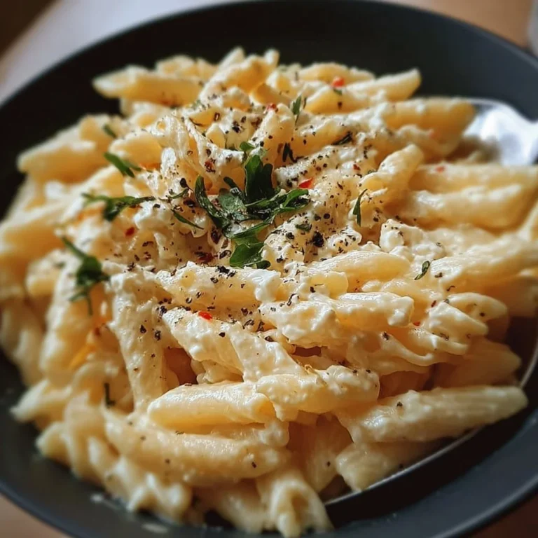 Cremige Zitronen-Feta-Pasta mit frischen Kräutern auf einem Teller serviert