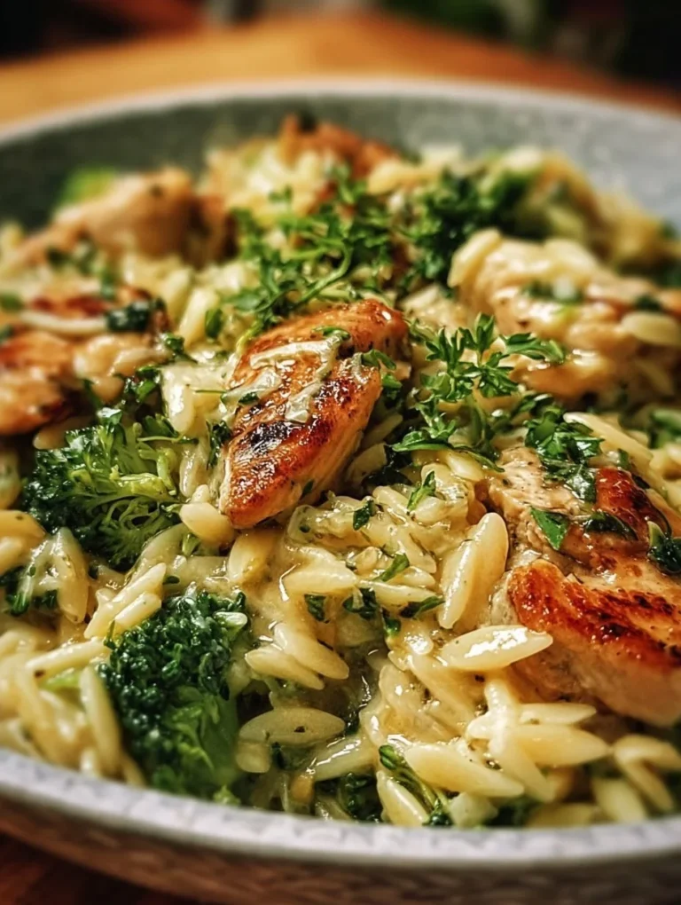 Cremiges Hähnchen-Brokkoli-Orzo Gericht auf einem Teller serviert