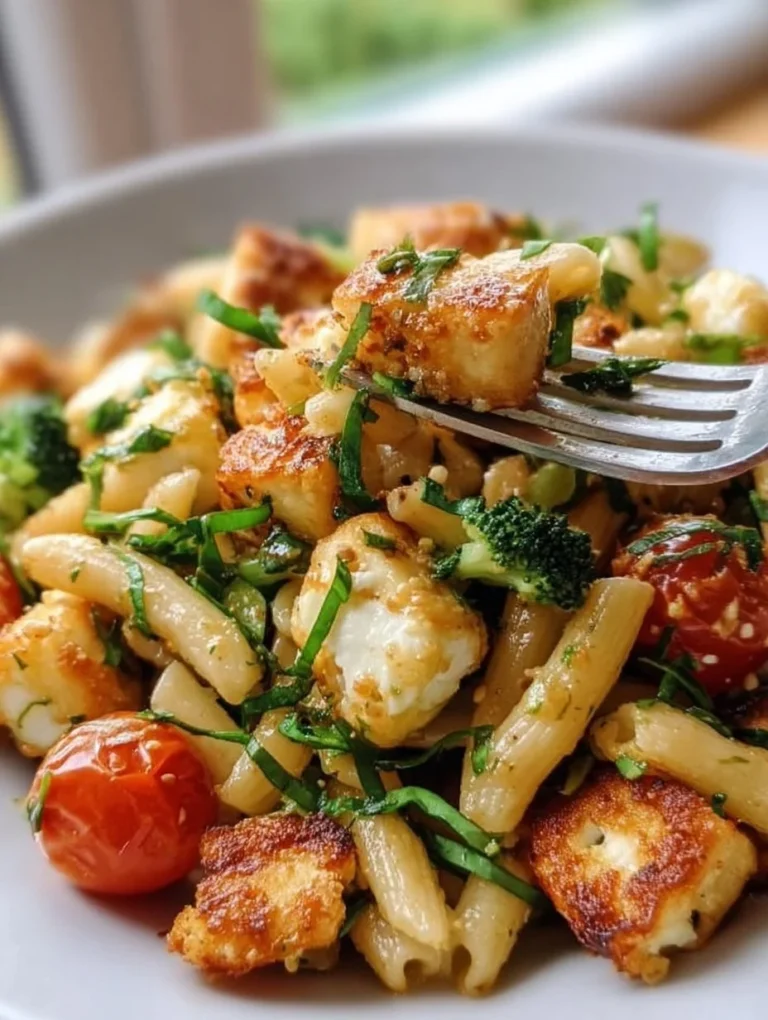 Halloumi-Pasta-Salat mit frischen Zutaten und leckerem Dressing