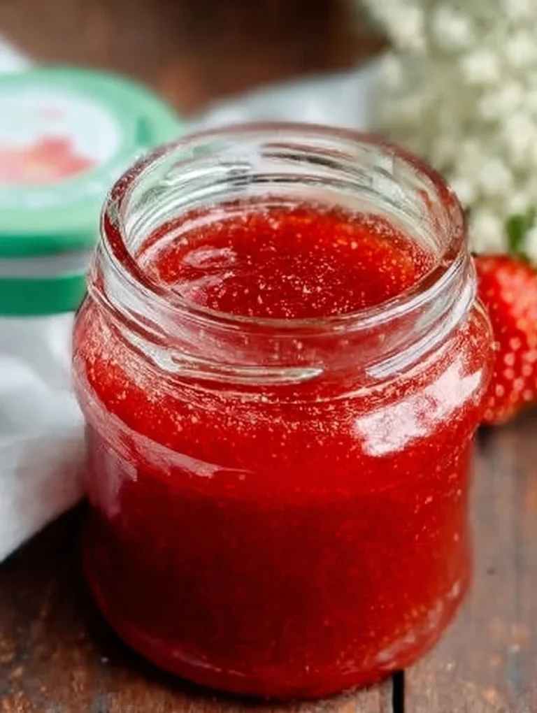 Hauseigene Erdbeer Holunderblüten Marmelade in einem Glas mit frischen Erdbeeren und Holunderblüten.