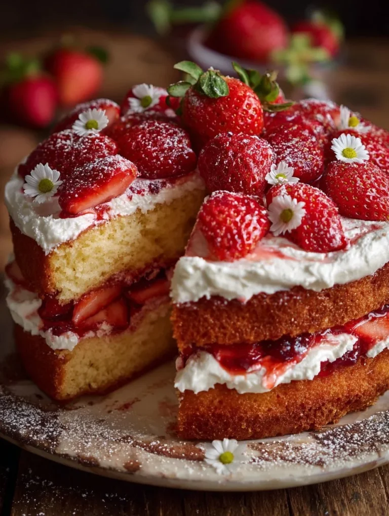 Fantakuchen mit frischen Erdbeeren auf einem weißen Teller