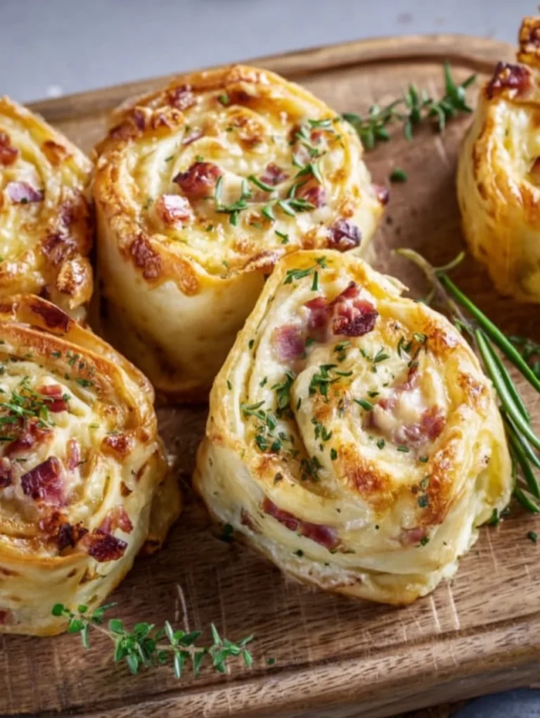 Leckere Flammkuchen Schnecken auf einem Holzbrett angerichtet.