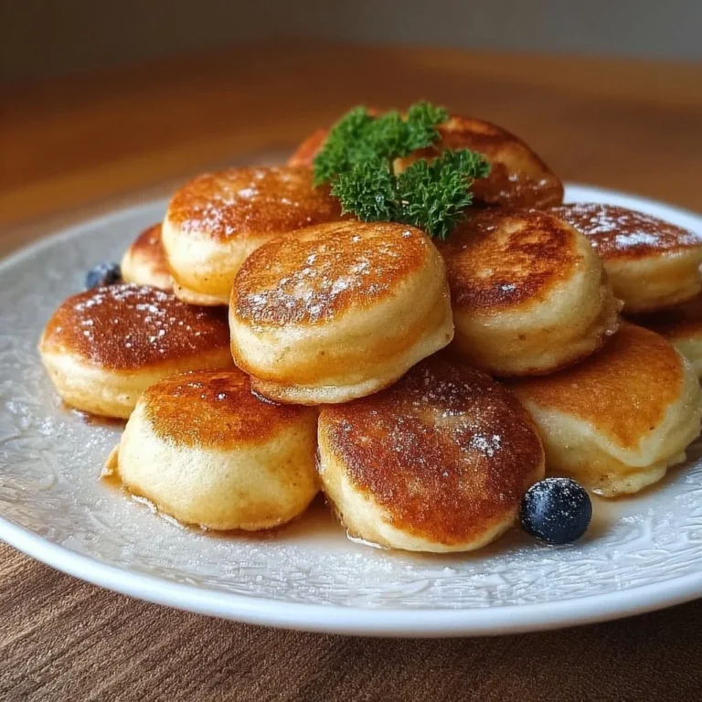 Fluffige Pancake Poppers auf einem Teller, dekoriert mit frischen Früchten und Sirup.