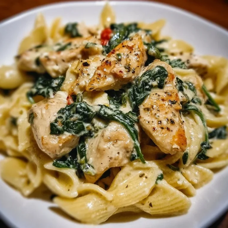 Frischkäse Spinat Hähnchen Pasta auf einem Teller serviert