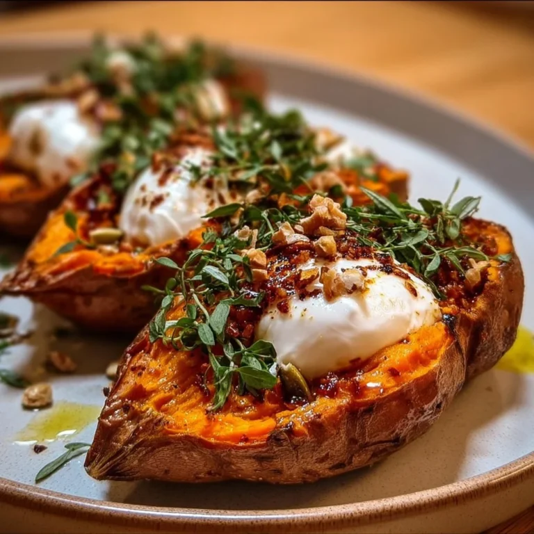 Gefüllte Süßkartoffeln mit cremiger Burrata auf einem Teller