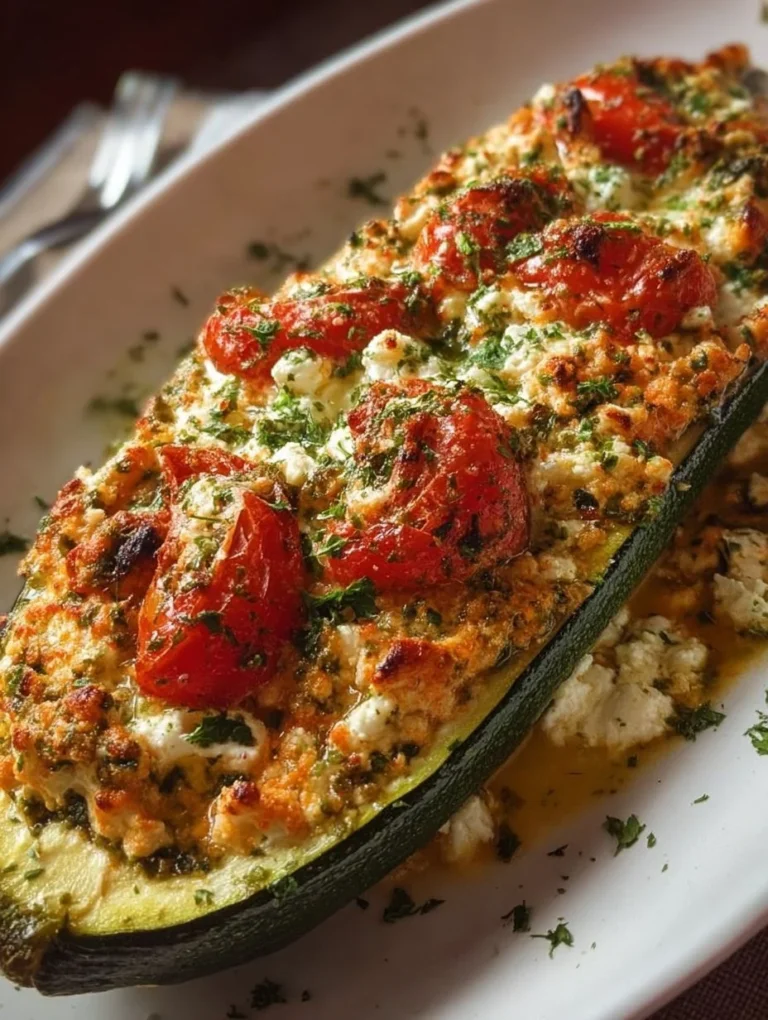 Gefüllte Zucchini mit Feta und Kirschtomaten auf einem Teller serviert