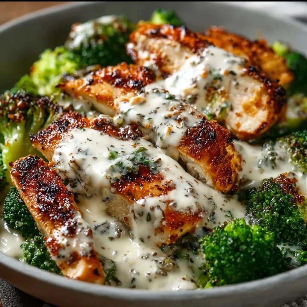 Gegrillte Hähnchen-Brokkoli-Schalen mit cremiger Knoblauchsauce