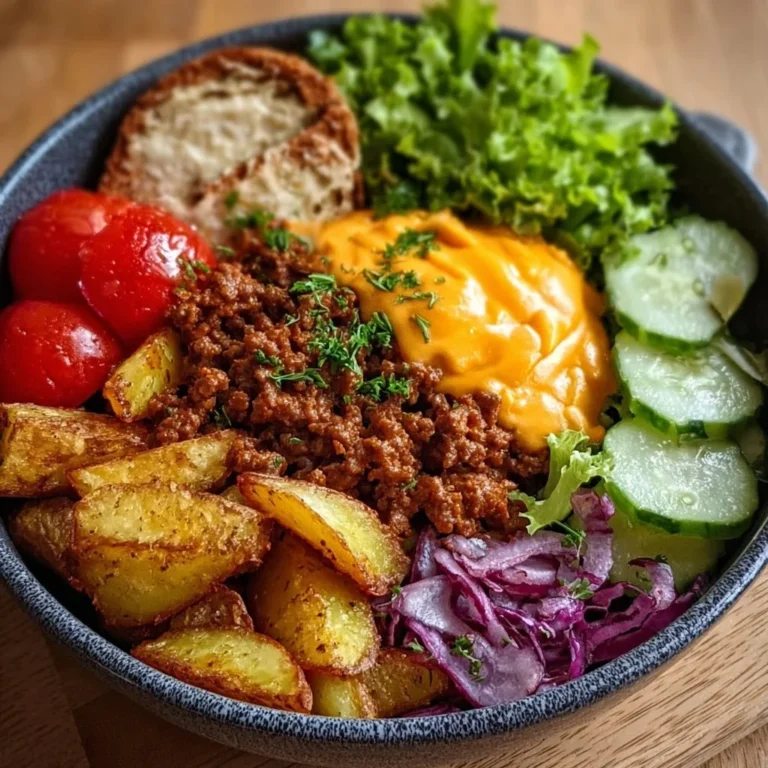 Gesunde Burger Bowl mit frischen Zutaten für eine schnelle Mahlzeit