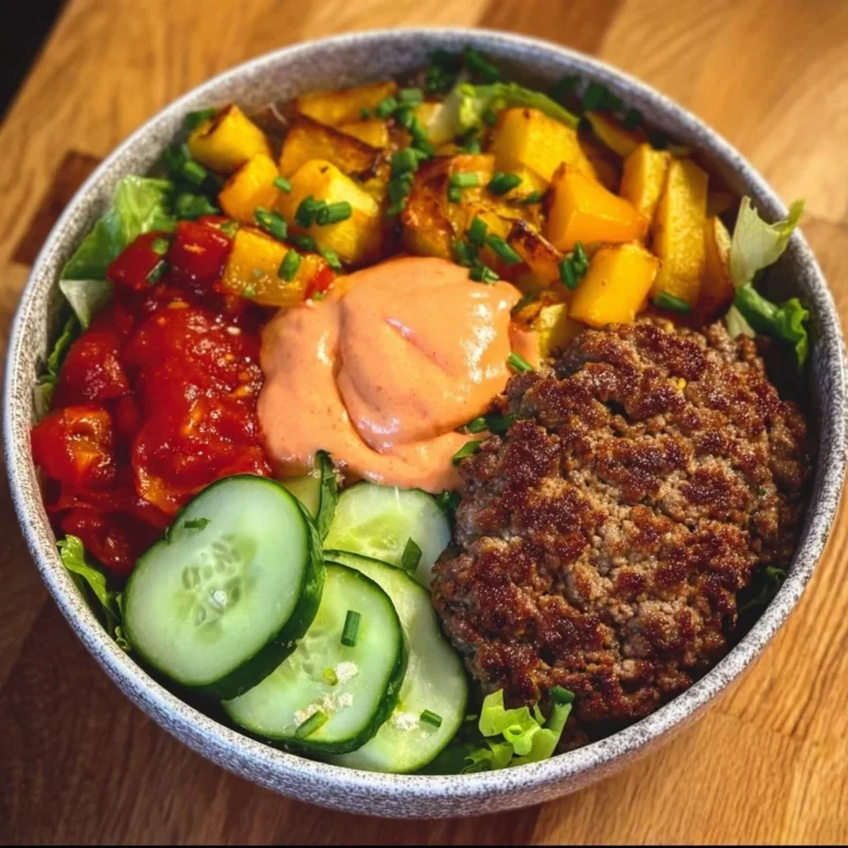 Gesunde Burger Schüssel mit frischen Zutaten und aromatischen Soßen.