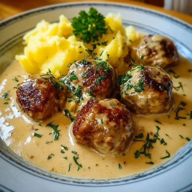 Hackbällchen in cremiger Sauce mit Kartoffelpüree auf einem Teller
