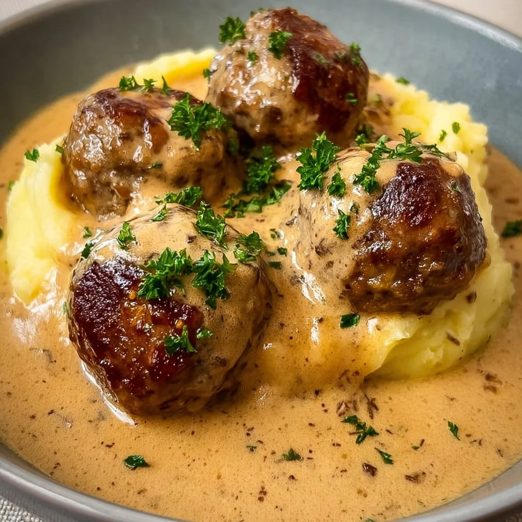 Hackbällchen in cremiger Sauce mit Kartoffelpüree