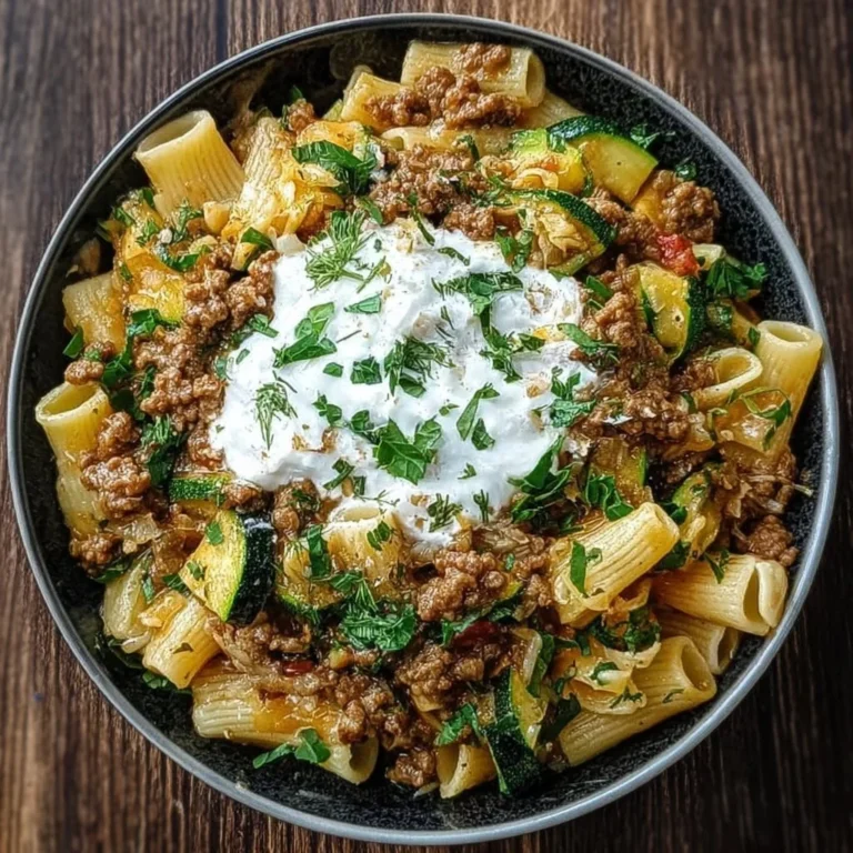 Cremige Hackfleisch-Pasta mit Zucchini und Joghurt auf einem Teller serviert.