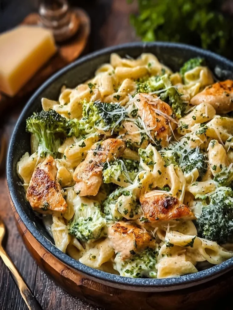 Leckere Hähnchen Brokkoli Pasta in einer Schüssel serviert.