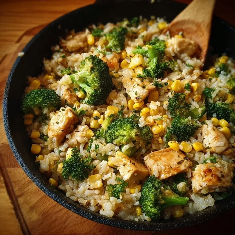 Hähnchen-Reis-Pfanne mit Brokkoli und Mais auf einem Teller serviert.