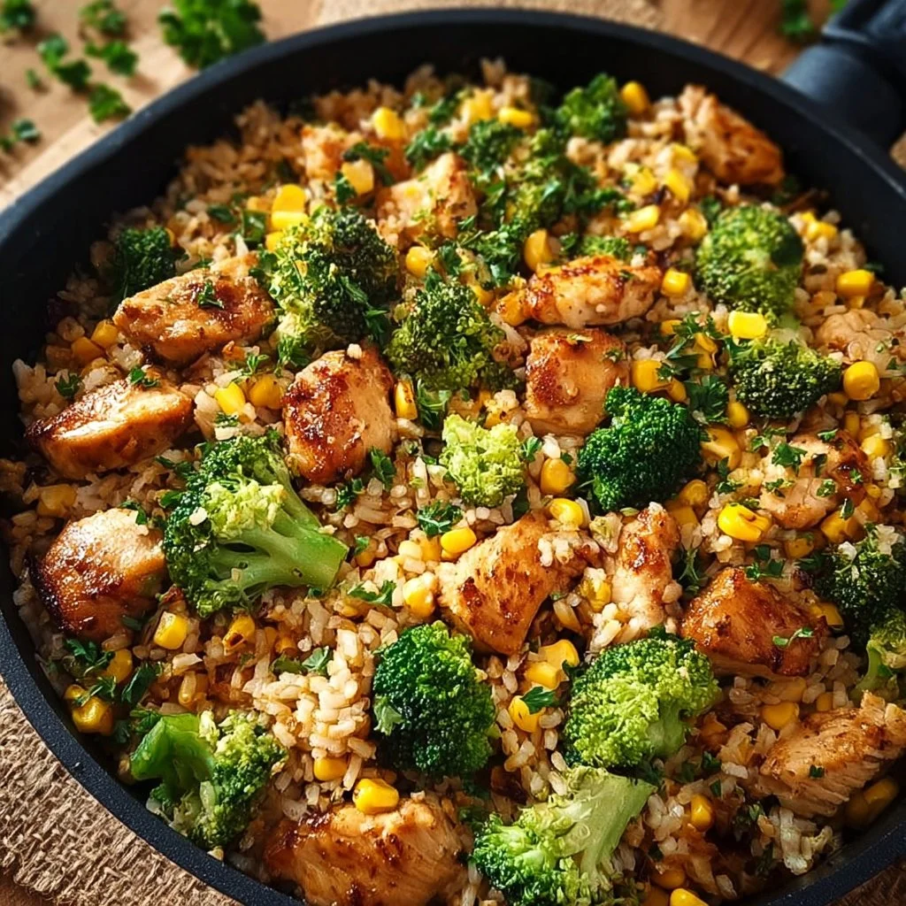 Hähnchen-Reis-Pfanne mit Brokkoli und Mais