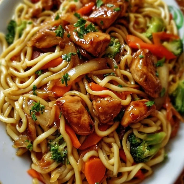 Hähnchen-Teriyaki-Nudeln auf einem Teller garniert mit frischem Gemüse.
