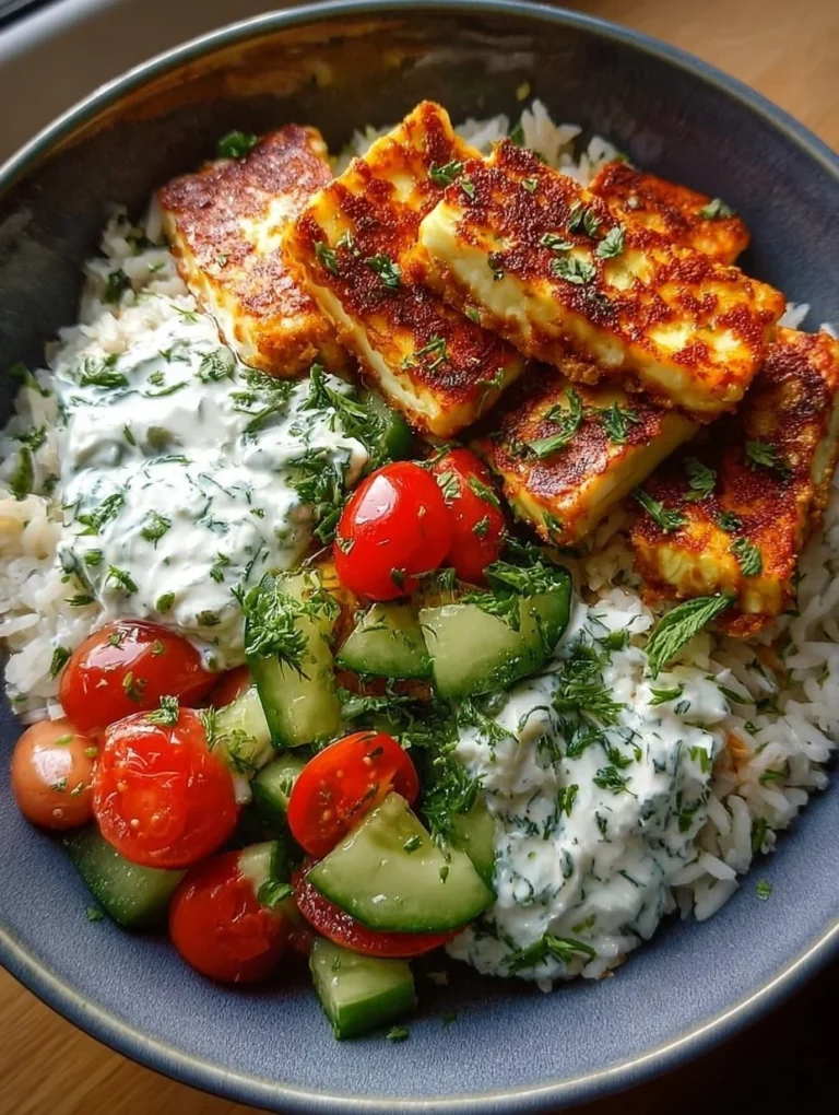 Leckere Halloumi-Schüssel mit frischem Gemüse und aromatischen Gewürzen.