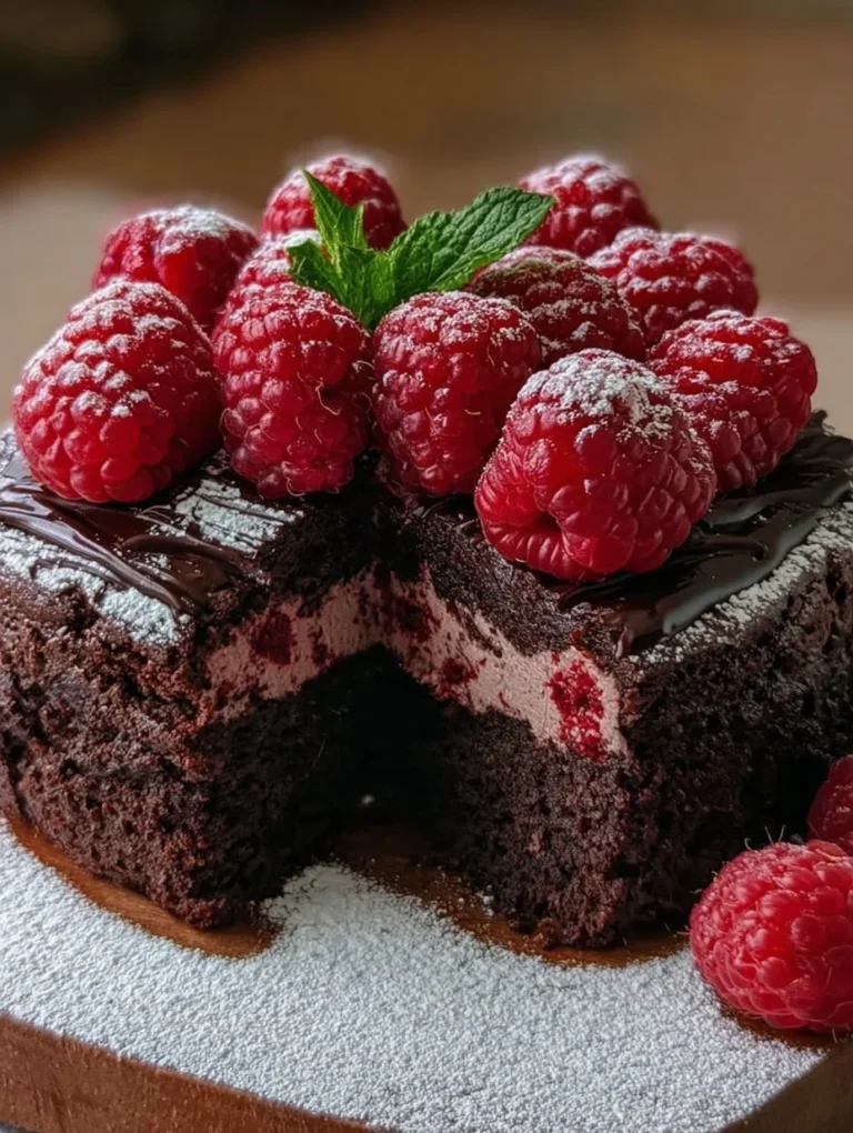 Himbeer Schoko Brownie Torte mit Schokoladenüberzug und frischen Himbeeren