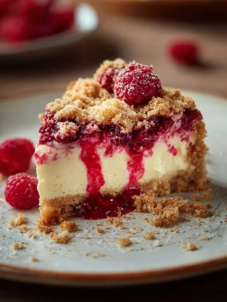 Himbeer Streusel Kuchen mit Joghurt Käsekuchen auf einem Teller serviert.