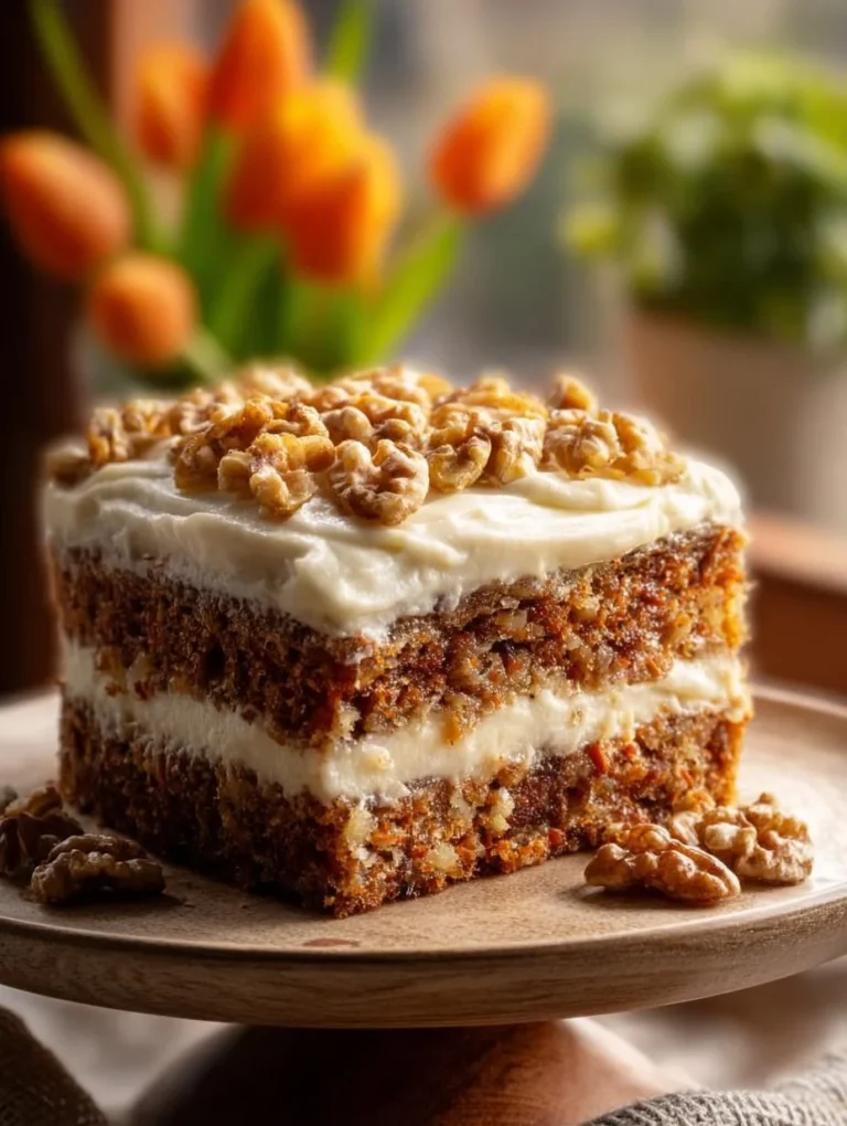 Saftiger Karottenkuchen mit Walnüssen und Frischkäse-Frosting auf einem Teller