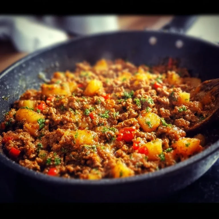 Kartoffel Hackfleisch Pfanne mit goldbraunen Kartoffeln und würzigem Hackfleisch.