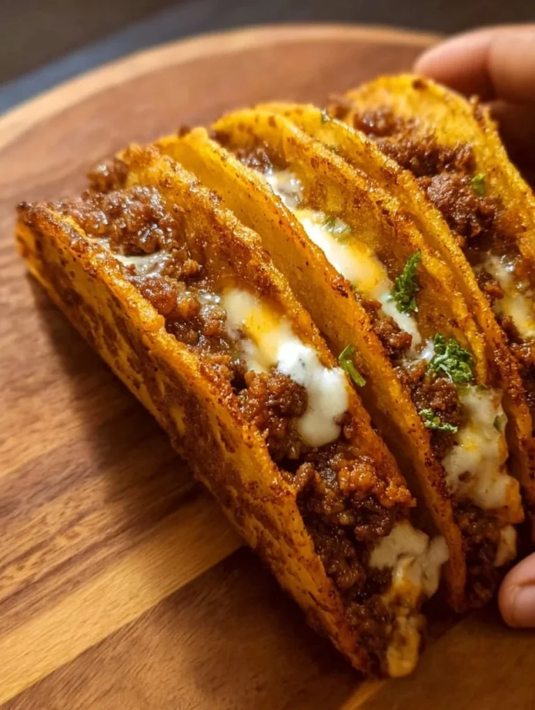 Käse Crispy Rinderhack Tacos auf einem Holzbrett serviert
