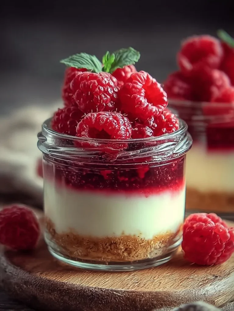 Käsekuchen im Glas mit frischen Himbeeren und Cremeschicht.