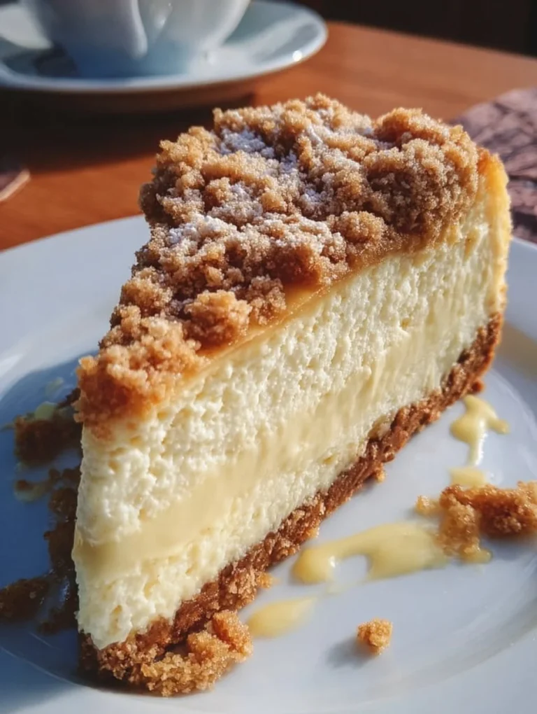Käsekuchen mit Streusel auf einem weißen Teller.