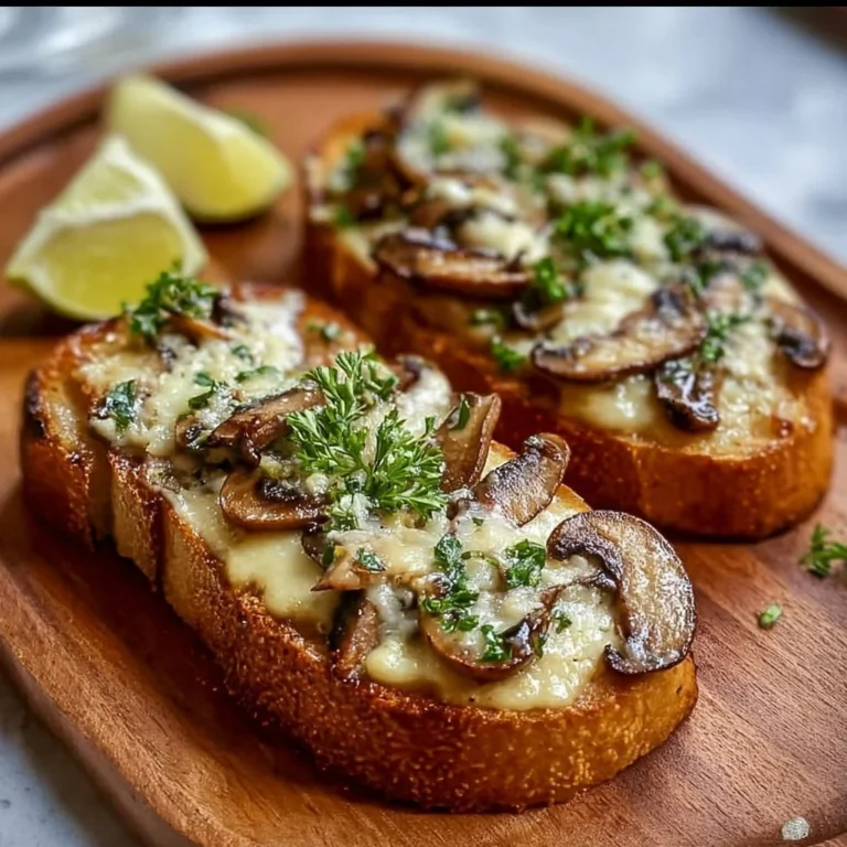 Knusprige Käse Champignon Knoblauch Toasts auf einem Teller serviert