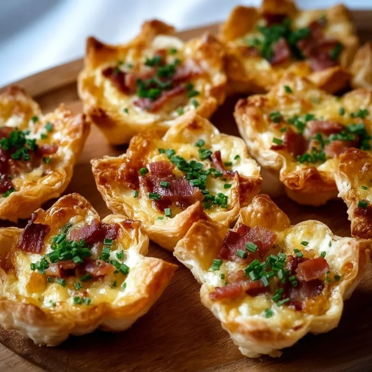 Knusprige Mini Tarte Flambée Häppchen auf einem Servierteller.