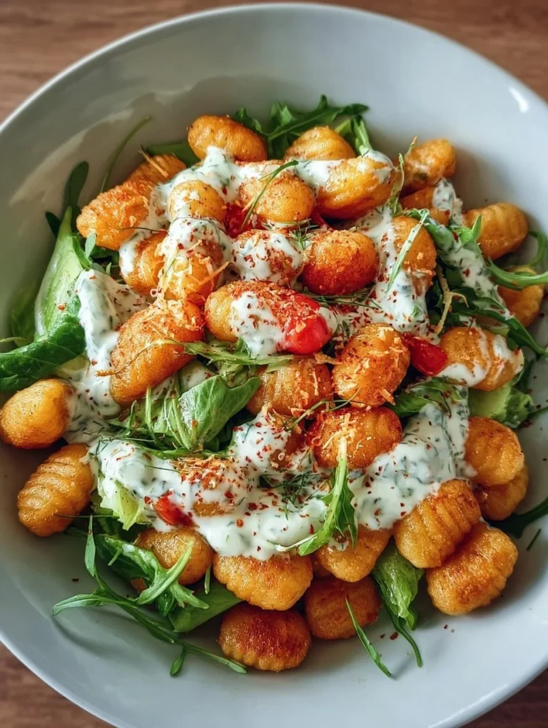 Knuspriger Gnocchi-Salat angerichtet mit Joghurt-Dressing