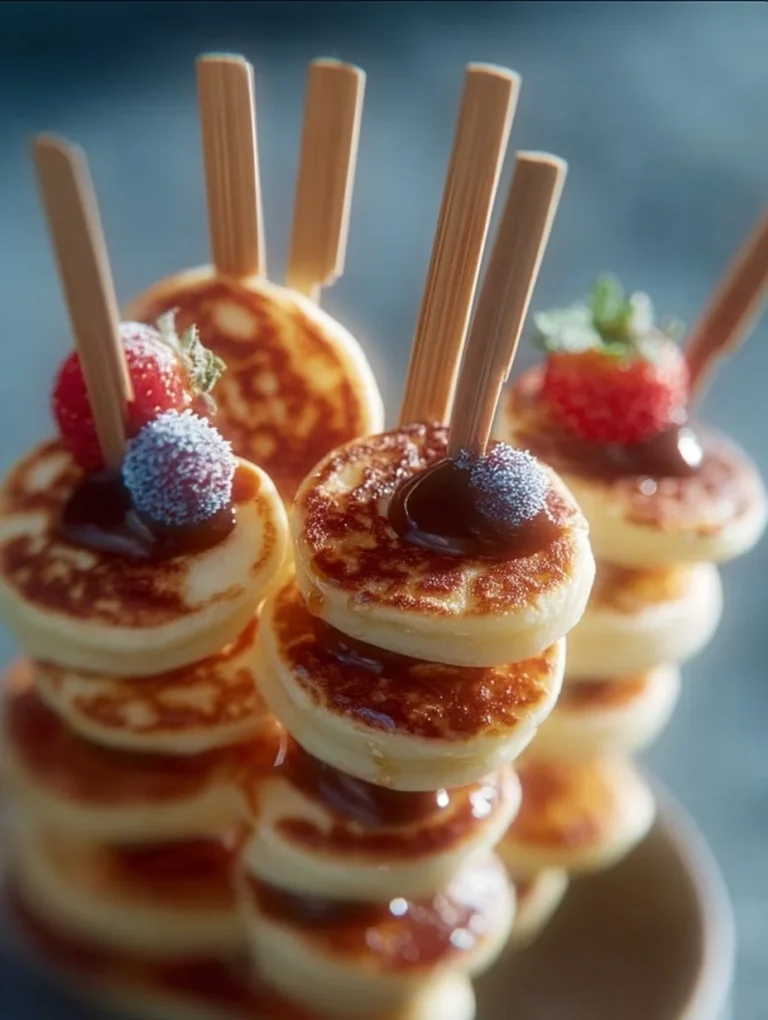 Leckere Mini-Pancake-Spieße mit Früchten und Sirup serviert.