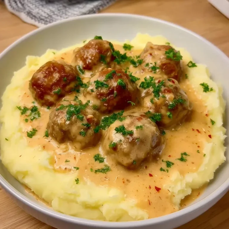 Niedrige Histamin Fleischbällchen in cremiger Sauce mit Kartoffelpüree auf einem Teller