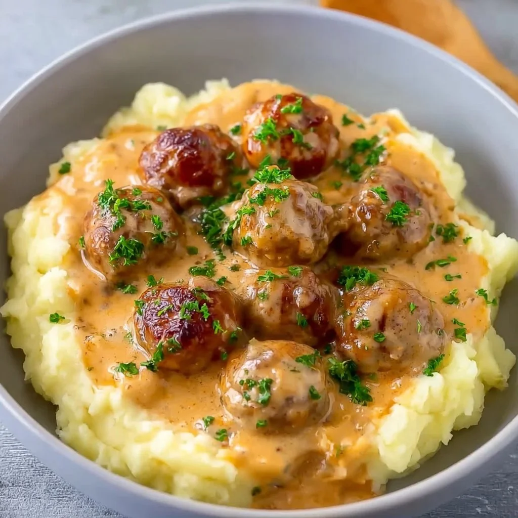 Niedriger Histamin Fleischbällchen in cremiger Sauce mit Kartoffelpüree