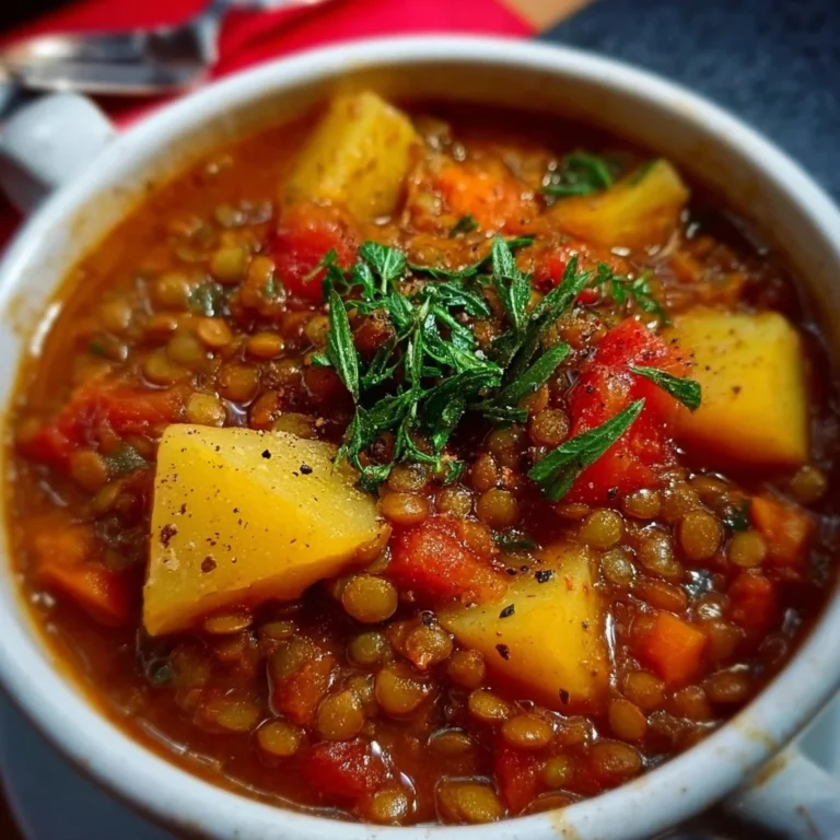 Paprika Kartoffel Topf mit Linsen, lecker und nahrhaft, serviert in einer Schüssel.