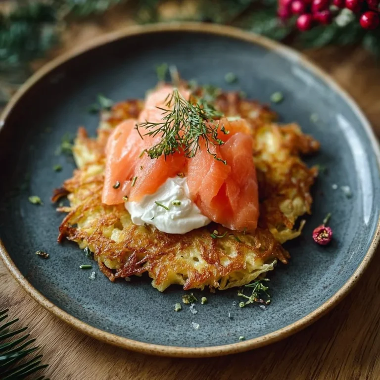 Rösti mit Frischkäse und Lachs auf einem Teller serviert