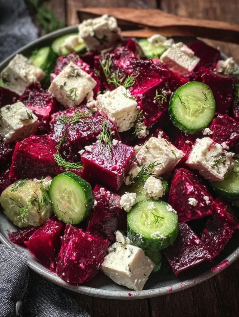 Rote-Bete-Salat mit Feta und Gurken auf einem Teller angerichtet
