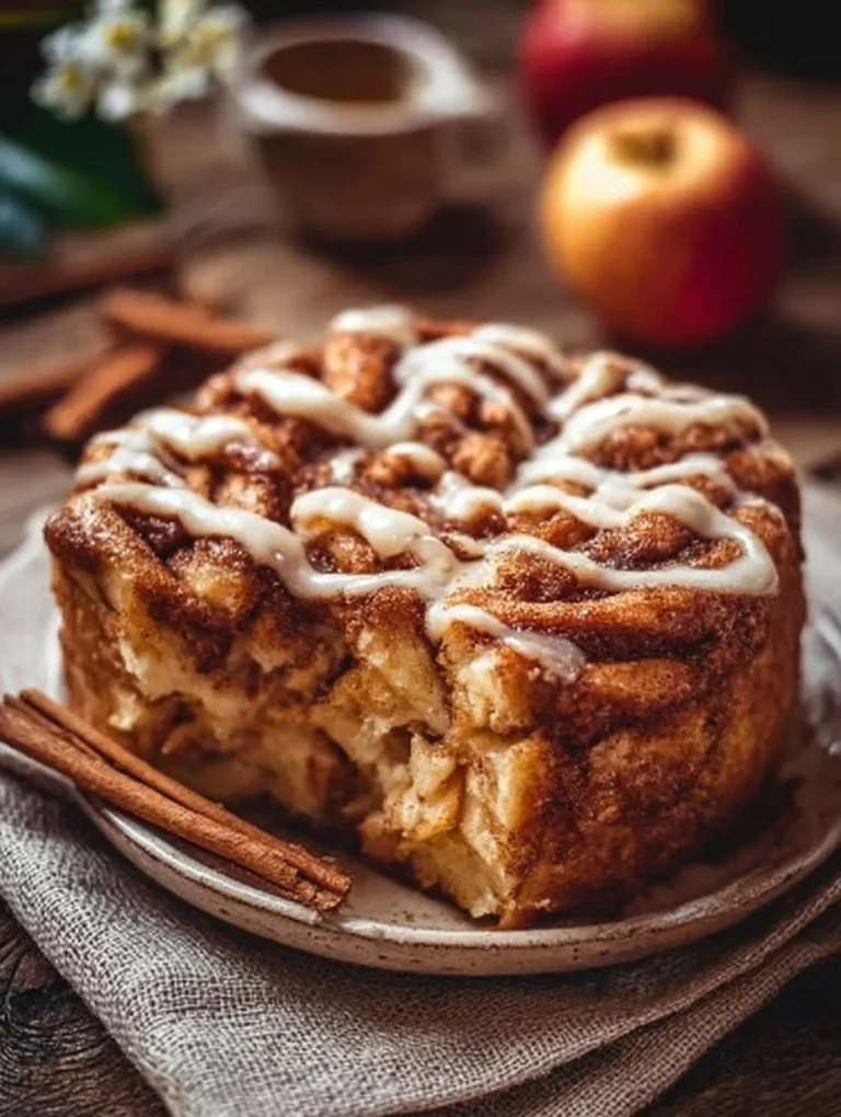 Saftiger Zimtschnecken Apfelkuchen mit Zimt und Äpfeln, auf einem Teller angerichtet.