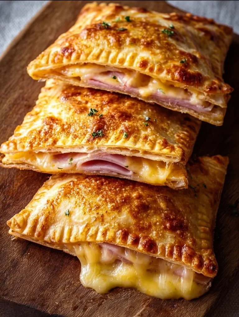 Leckere Schinken-Käse-Taschen frisch aus dem Ofen, serviert auf einem Teller.