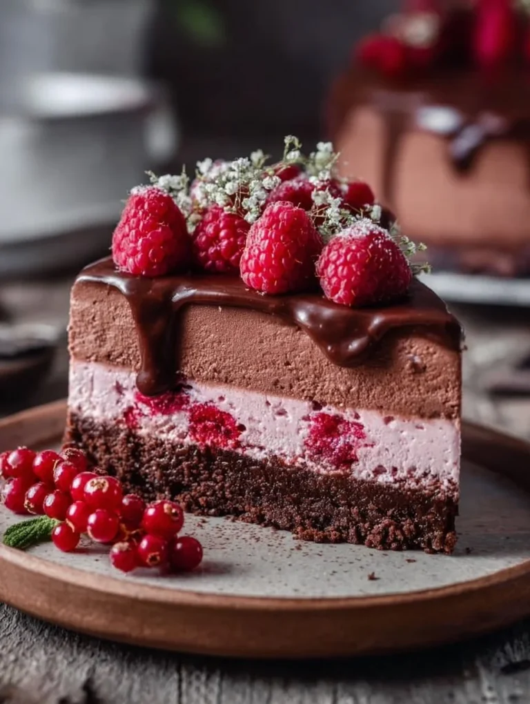 Schokoladen Himbeer Mousse Torte mit frischen Himbeeren und Schokoladendekor