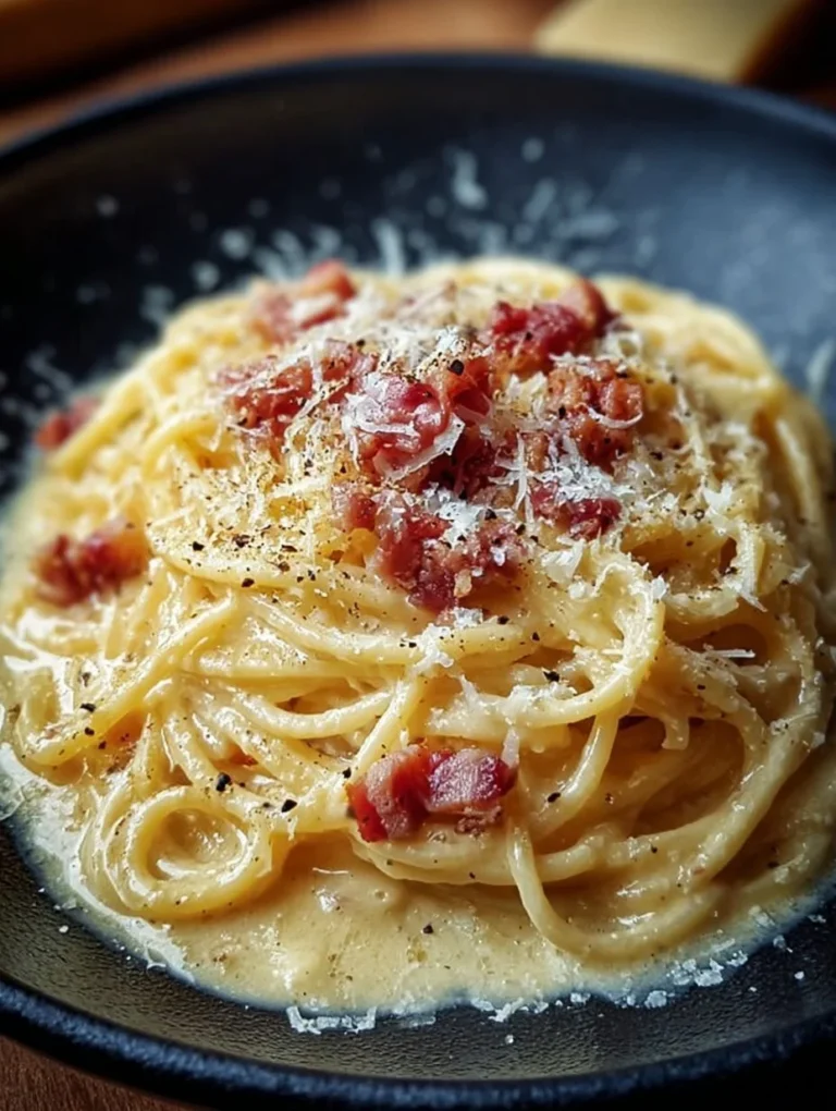 Ein Teller Spaghetti Carbonara mit Speck und Parmesan