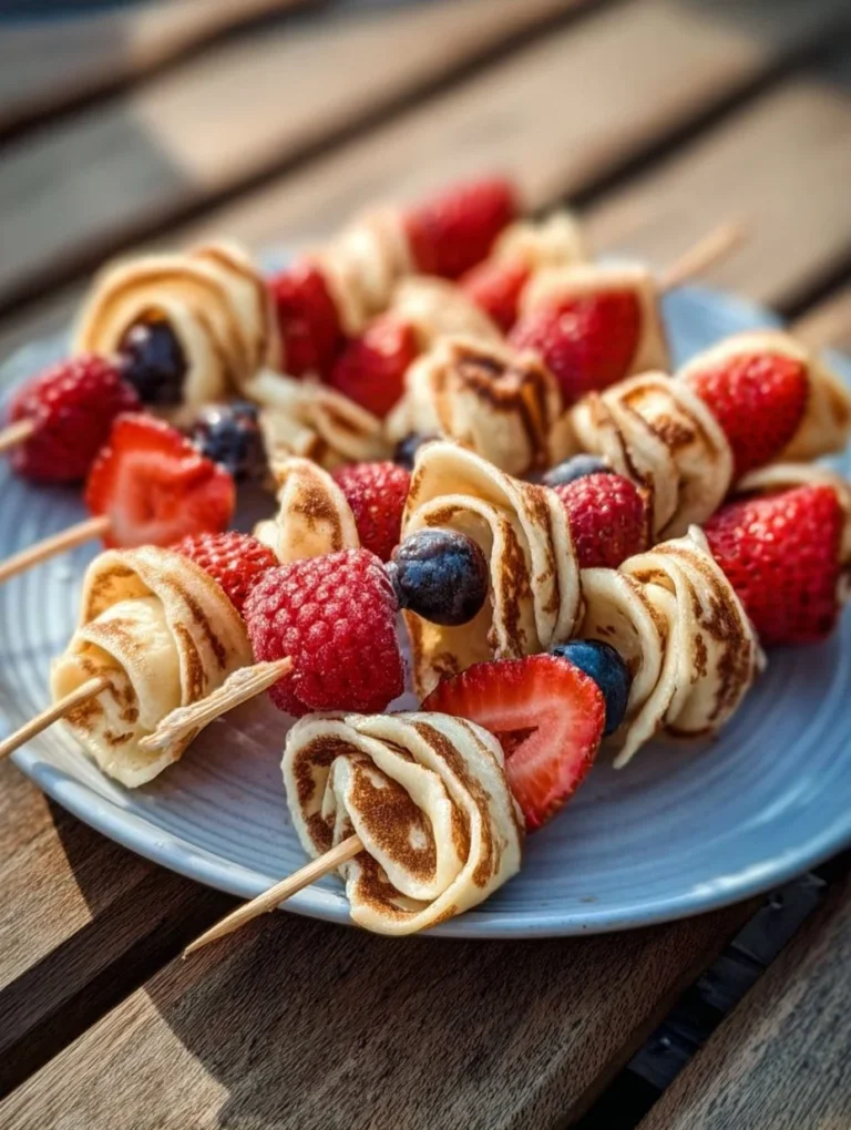 Unwiderstehliche Pfannkuchen-Spieße mit frischen Früchten und Schokolade