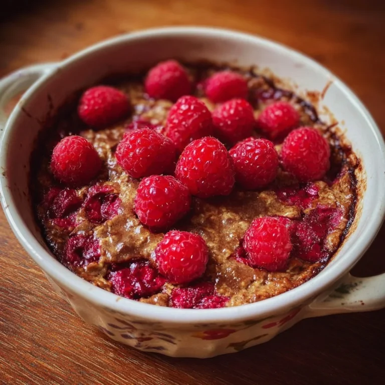 Vegane Baked Oats mit frischen Himbeeren auf einem Teller serviert