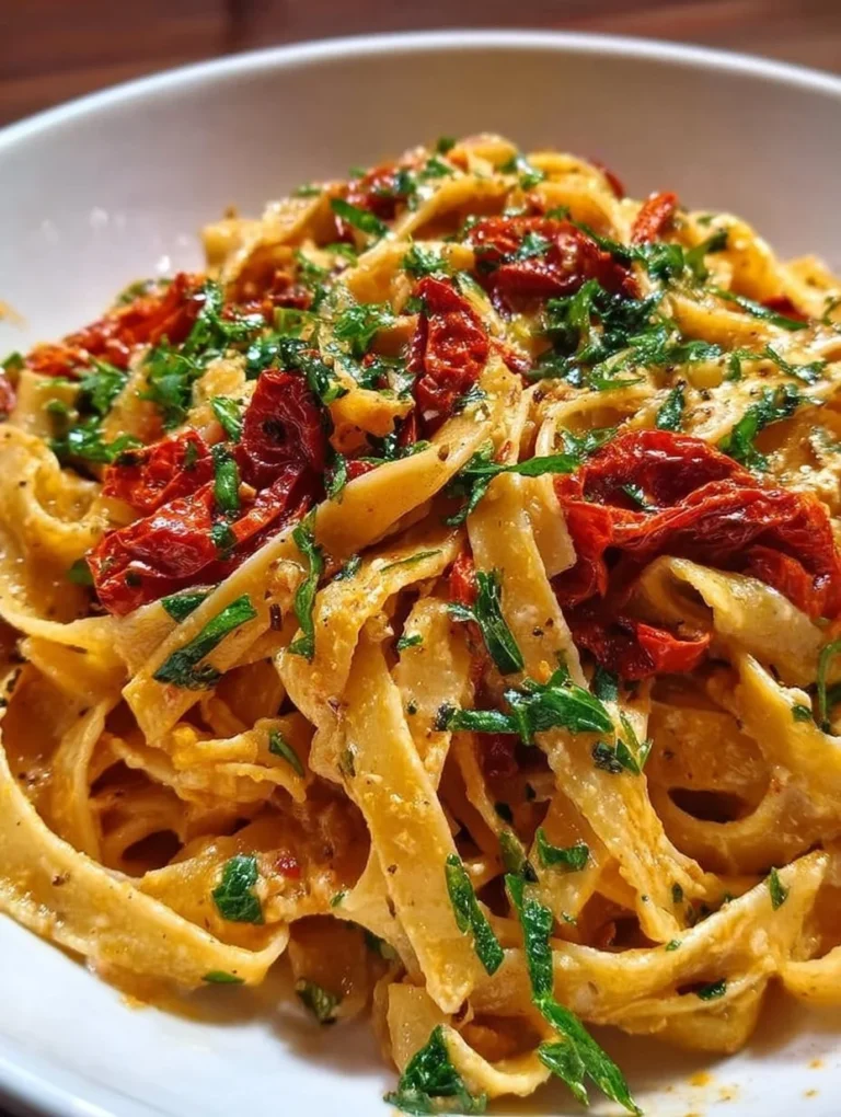 Vegane Fettuccine mit sonnengetrockneten Tomaten auf einem Teller angerichtet