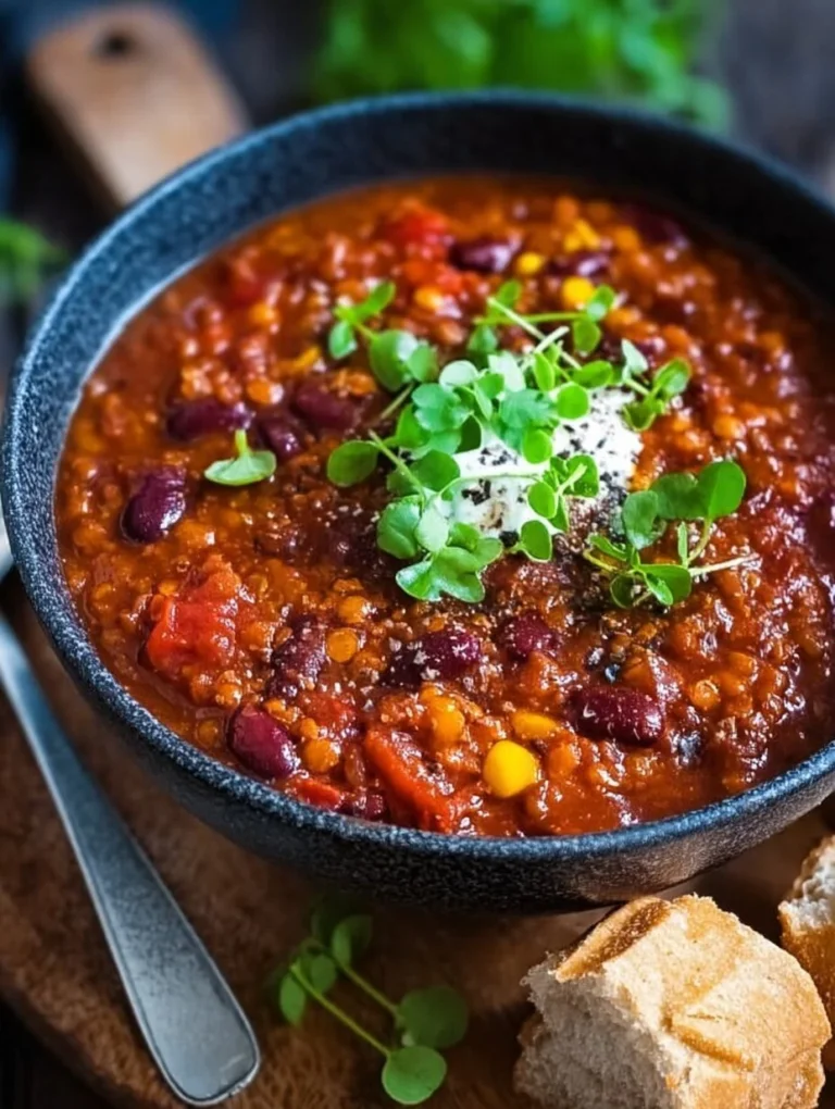 Veganes Chili ohne Fleisch in einer bunten Schüssel serviert