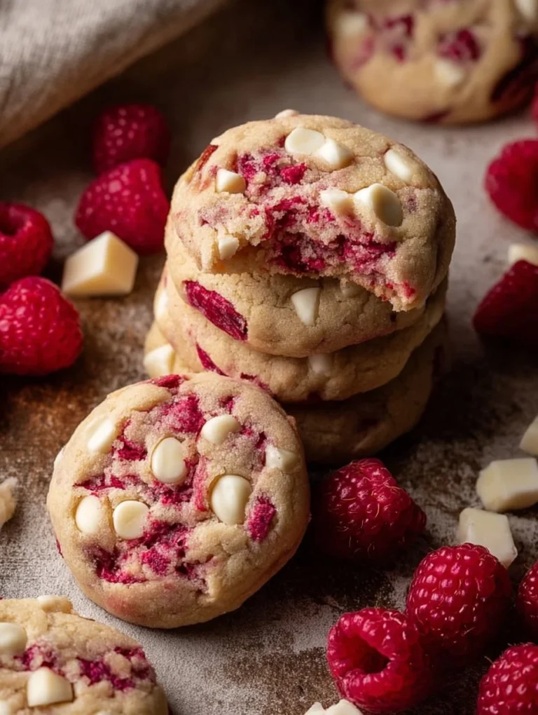 Weiße Schokoladen Himbeer Cookies frisch gebacken auf einem Teller