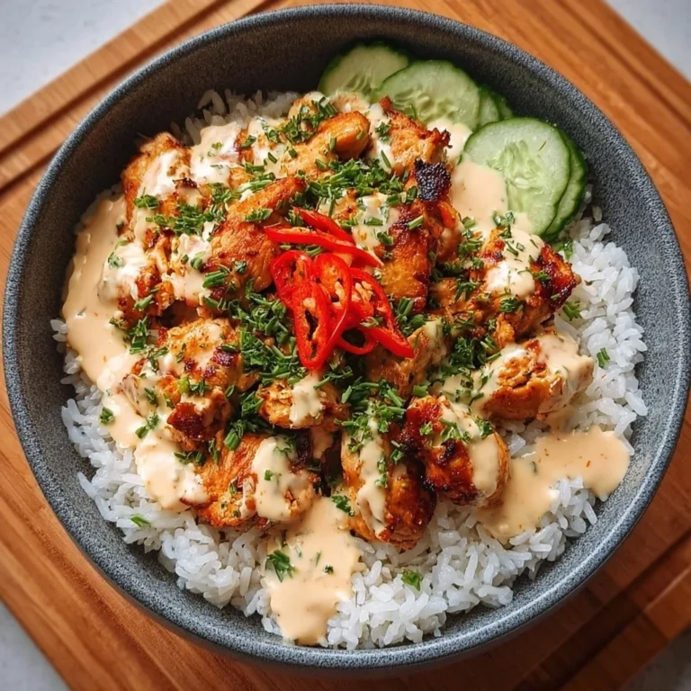 Würzige Hähnchen Bowl mit cremiger Soße auf einem Teller serviert